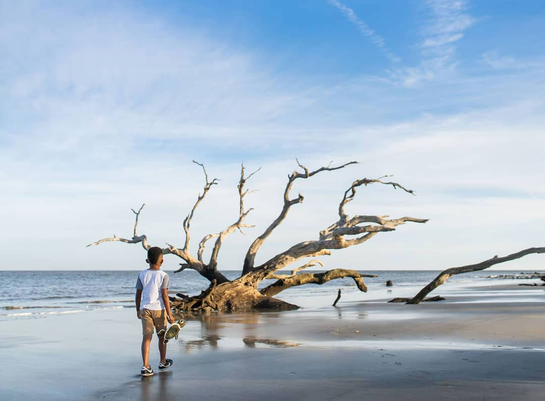 男孩走在乔治亚州杰基尔岛浮木海滩上。图片由@Jekyll_Island